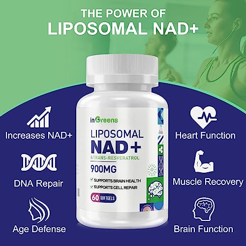 inGreens 900mg Liposomal NAD+ Supplement with 300mg Trans Resveratrol - Superior Absorption, Replaces NMN, Boost NAD+ for DNA Repair, Energy & Longevity, Aging Defense, 60 Softgels inGreens Au supplements