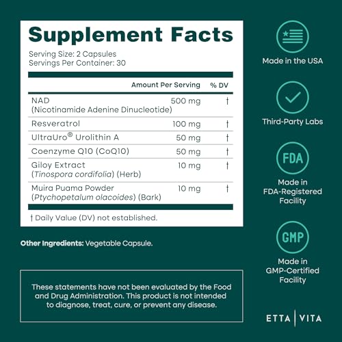 Liposomal NAD+ Supplement - Resveratrol, Urolithin A, CoQ10 & Muira Puama (Made in USA) NAD Supplement for Natural Energy, Brain Fog, Digestion, Detox, Gut Health, Microbiome, NR NMN Replacement Etta Vita Au supplements