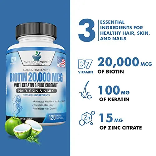 Biotin 20,000mcg with Keratin, Organic Coconut and Zinc, Hair Growth Supplements, Biotin American Standard Supplements Au supplements
