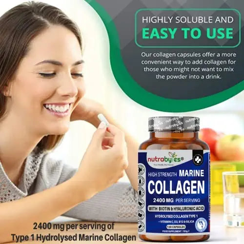 High Strength Marine Collagen 2400mg with Hyaluronic Acid 100mg, Biotin, Vitamin C, D3, B12 and Silica NUTRABYTES Au supplements