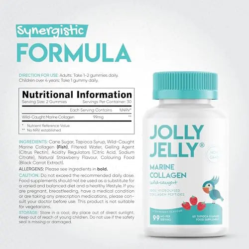 Marine Collagen Gummies by Jolly Jelly® - Wild-Caught Marine Collagen Tapioca Gummies - Type 1 Hydrolysed Collagen - Strawberry Flavour - 60 Gummies. JOLLY JELLY Au supplements
