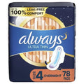 Always Ultra Thin Feminine Pads with Wings for Women, Size 4, Overnight Absorbency, Unscented Always Au supplements