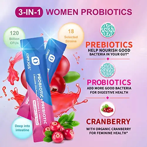 OMOGS Women's Probiotic,120-Billion-CFUs, 18 Strains, with 3 Prebiotics and Cranberry OMOGS Au supplements