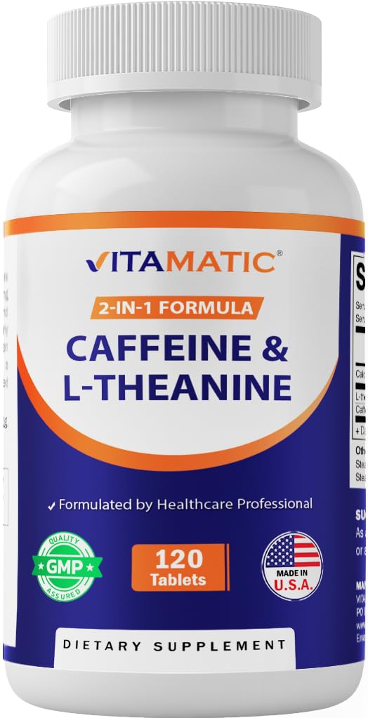 Vitamatic L-Theanine 200mg with Caffeine 100mg – 120 Vegetarian Tablets Nootropic Supplement for Focused Energy & Mental Clarity Vitamatic Au supplements