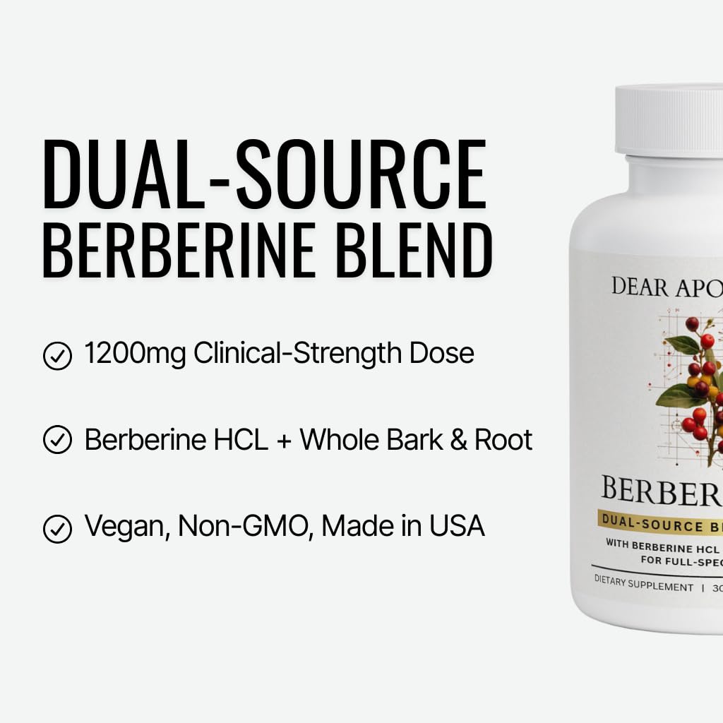 Dear Apothecary Berberine HCl 1200mg Supplement - Dual Source Bark & Root Extract - Berberis Aristata - USA Grown Botanical Extract