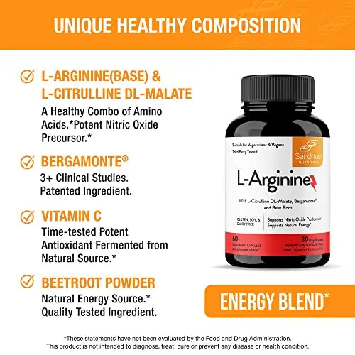Sandhu's L-Arginine with Nitric Oxide Precursor | Made in The USA| 30 Days Supply Sandhu's Au supplements