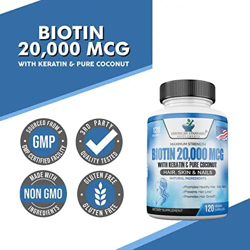 Biotin 20,000mcg with Keratin, Organic Coconut and Zinc, Hair Growth Supplements, Biotin American Standard Supplements Au supplements