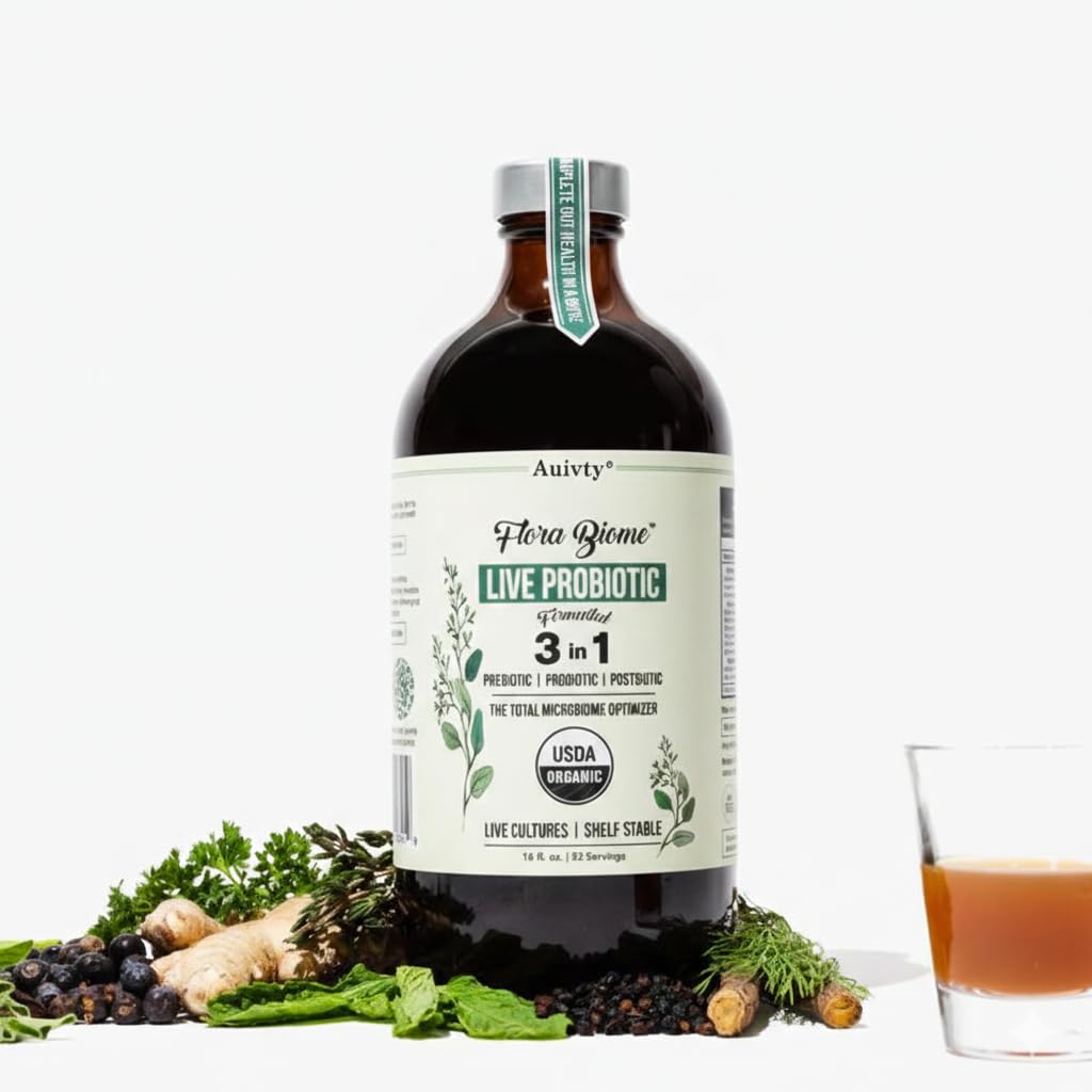 Auivty Flora Biome Live Probiotic Liquid, 3-in-1 Probiotic + Prebiotic + Postbiotic, 30 Billion CFU (at Time of Manufacture), 10 Strains, Fermented Herbal Blend with 18 Herbs, Shelf Stable, 16 fl oz Auivty Au supplements