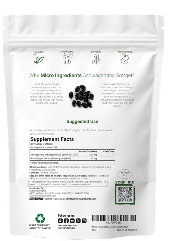 Micro Ingredients Ashwagandha Supplements | 300 Coconut MCT Oil Softgels with Black Pepper for Better Absorption | Potent Root Extract | Non-GMO Micro Ingredients Au supplements