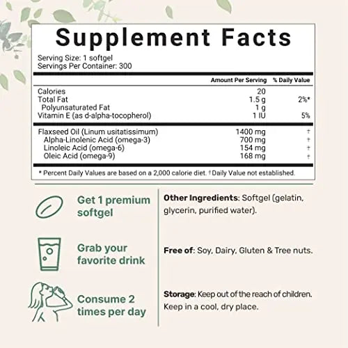 Flaxseed Oil 1400mg Softgels, 300 Counts | w/ 700mg ALA Omega 3, Cold Pressed Micro Ingredients Au supplements