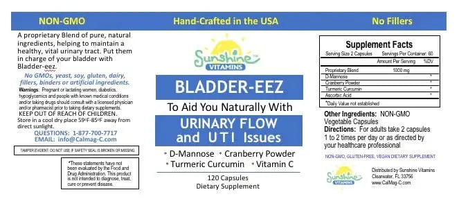 Sunshine Vitamins Bladder-EEZ | All-Natural Bladder Infection UTI Relief Support for Women with D-Mannose | Urinary Tract Infection Health with Immune System Support (1 Bottle of 120 Capsules) Sunshine Vitamins Au supplements