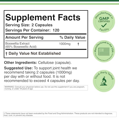 Boswellia Serrata - 240 Capsules (Max Strength 1,000mg of 65% Boswellic Acid Extract) Boswellia Extract Capsules (Joint Support Supplement for Joint Health) Third Party Tested by Double Wood Double Wood Supplements Au supplements
