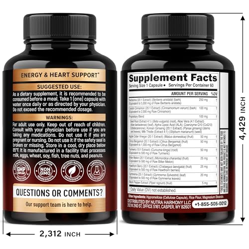Berberine with Ceylon Cinnamon | Bitter Melon (Karela) | Apple Cider Vinegar | Hawthorn Berry | Citrus Bergamot | Turmeric - 15-in-1 Supplement for Heart Support