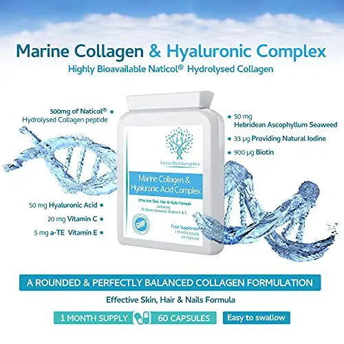 Marine Collagen & Hyaluronic Acid Complex - 60 Capsules - 500mg of Highly Bioavailable Naticol® Hydrolysed Collagen swiss bioenergetics Au supplements