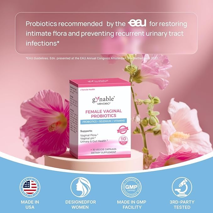 Gynable Vaginal Probiotics for Women Odor & Itch Support, Urinary | pH Balance, Female Probiotics 10 Billion CFU Lactobacillus Probiotics Blend,Selenium-Vitamin C/E/D3 Promote Immune Health,60 Count Vevoec Au supplements