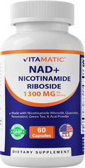 Vitamatic NAD Nicotinamide Riboside Supplement 1300mg 60 Ct - Support Healthy Aging, Cellular Energy Production, Made with Riboside, Quercetin, Resveratrol, Green Tea, & Acai Powder Vitamatic Au supplements