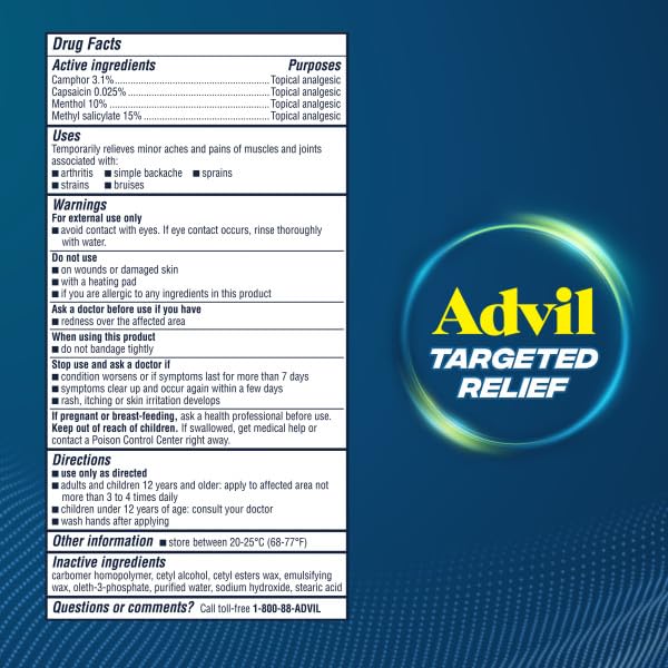 Advil Targeted Relief Pain Relieving Cream with Massage Applicator, Up to 8 Hours of Powerful Relief of Minor Arthritis Pain, Joint Pain, Lower Back Pain and Muscle Pain, 2.5 oz Advil Au supplements
