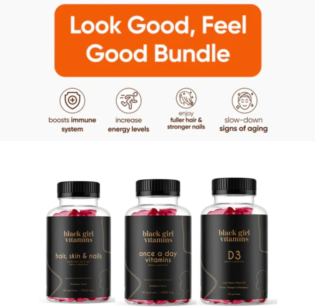 Black Girl Vitamins Look Good Feel Good Bundle – Hair Skin & Nails, Vitamin D3 2000IU & Once a Day Multivitamin - Women's Supplement Bundle