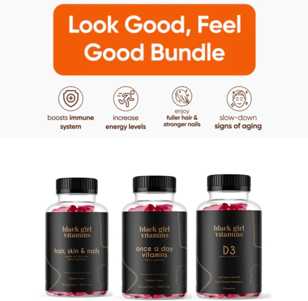 Black Girl Vitamins Look Good Feel Good Bundle – Hair Skin & Nails, Vitamin D3 2000IU & Once a Day Multivitamin - Women's Supplement Bundle