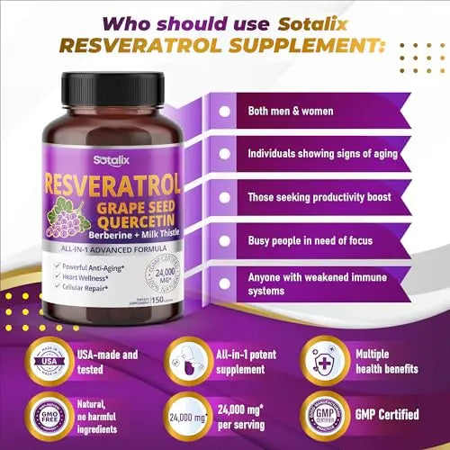 Resveratrol 24,000mg with Grape Seed + Quercetin Berberine + Milk Thistle Powerful Anti SOTALIX SUPPLEMENT Au supplements
