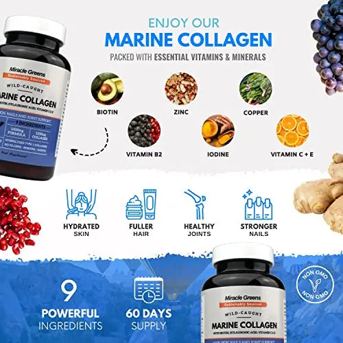 Marine Collagen 1400mg | 120 Capsules with Biotin, Hyaluronic Acid, Vitamin C, E, B2, Zinc, Copper & Iodine Miracle Greens Au supplements