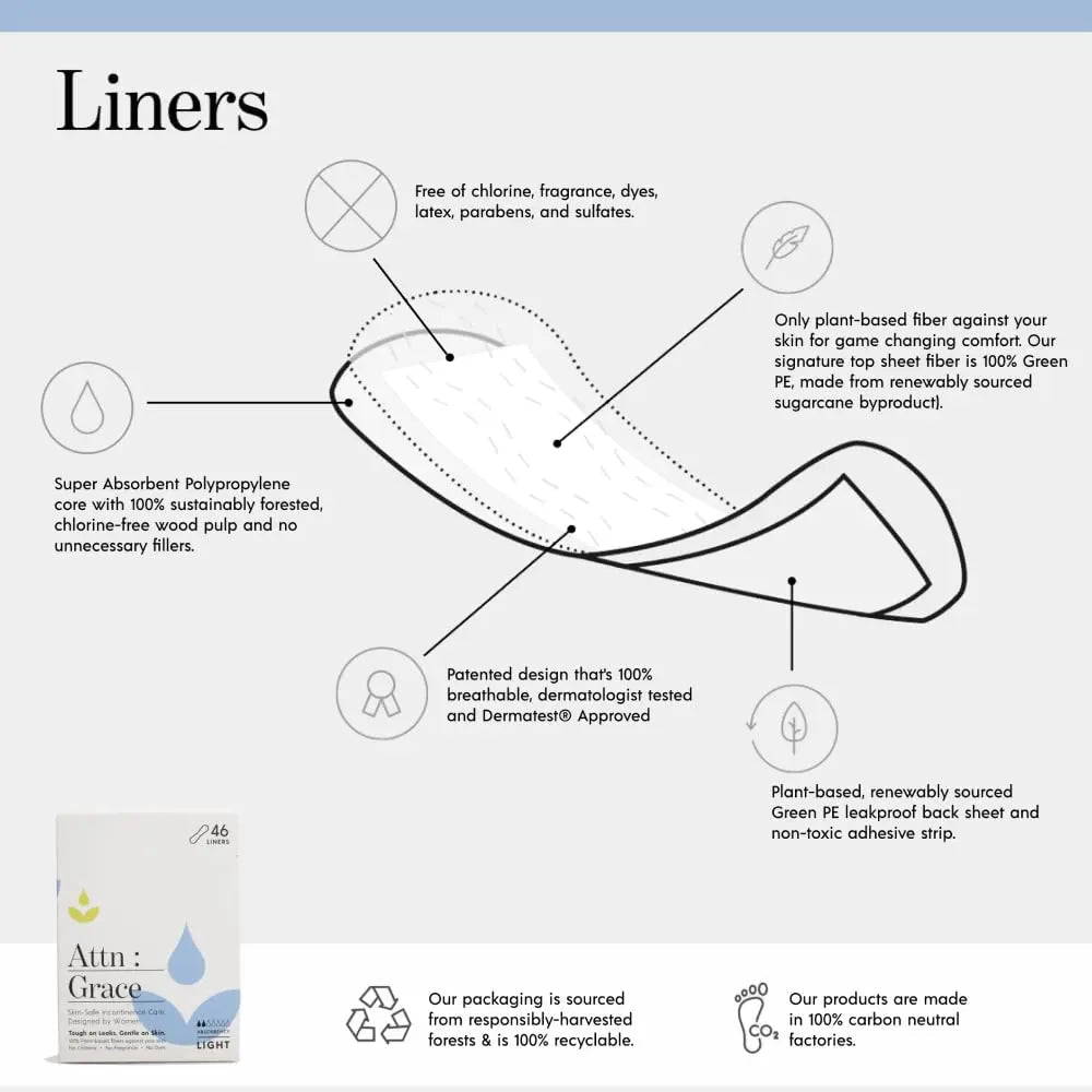 Attn: Grace Panty Liners for Women - 46 Liners – for Light Urinary Incontinence, Bladder Leakage ATTN : GRACE Au supplements