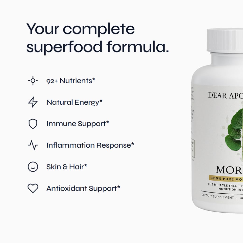 Moringa Oleifera Capsules 800mg - Pure Leaf Powder Superfood with Antioxidants Vitamins Minerals Amino Acids - Energy Immune Support Green Supplement for Men Women