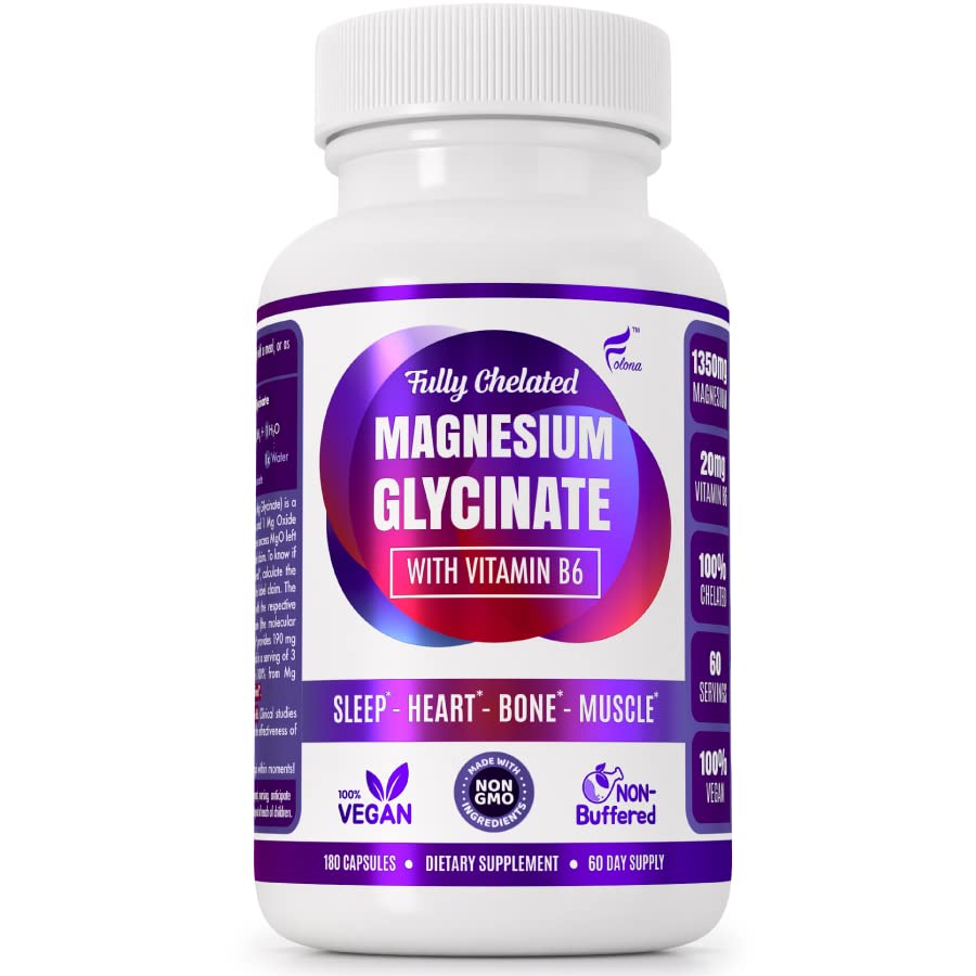 Folona Magnesium Glycinate with Vitamin B6 Research Proven to Enhance Absorption, 1350mg Fully Chelated - Supports Sleep, Stress Relief, Energy, Muscle Cramps - Gluten Free, NonGMO, 180 Vegan Capsules FOLONA Au supplements