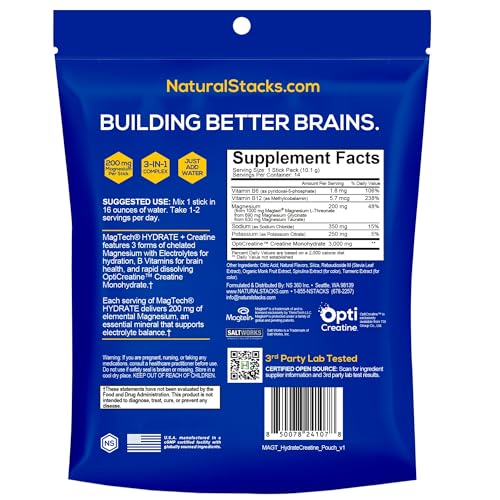 NATURAL STACKS Magtech Magnesium Hydrate + Creatine - Sugar Free Electrolyte Drink - Magtein Magnesium L-Threonate, Glycinate & Taurate - Supports Hydration & Cellular Energy - 14 Hydration Packets NATURAL STACKS Au supplements
