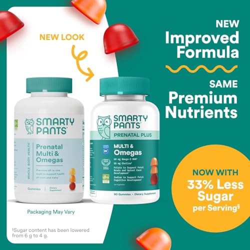 SmartyPants Prenatal Multivitamin Gummies with Omega 3 DHA/EPA, Methylfolate, Biotin, Vitamins D3, C, B12, B6, A, K, and Zinc, Gluten Free, Clean Label