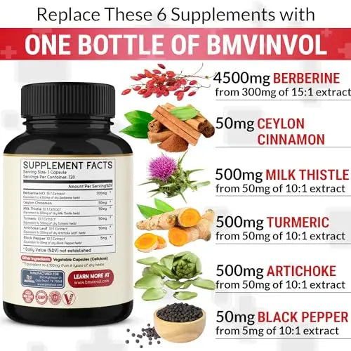 BMVINVOL Premium Berberine HCl 6-in1 Equivalent 6100mg - 120 Capsules - Plus Ceylon BMVINVOL Au supplements