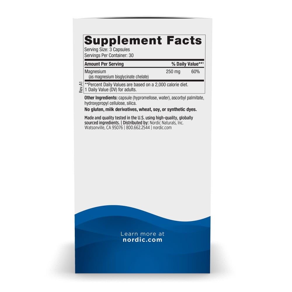 Nordic Naturals Vegetarian Magnesium Glycinate Capsules, Unflavored, 90 Count - 250mg Magnesium per Serving - Highly Bioavailable Support for Muscle & Cardiovascular