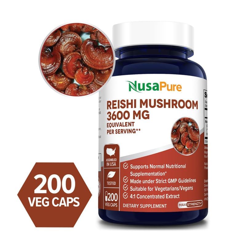 NusaPure Reishi Mushroom 4:1 Extract, 900 mg Equivalent to 3,600mg per Capsule 200 Veggie Caps Vegan, Non-GMO, Gluten-Free NusaPure Au supplements