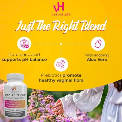 vH essentials Boric Acid Plus Vaginal Suppositories, Prebiotic Infused with Soothing Aloe Vera, pH vH essentials Au supplements