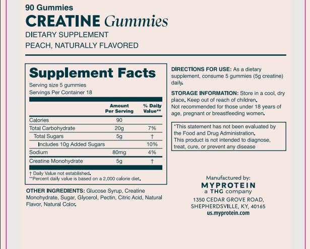 Myprotein Creatine Gummies, 5g Creatine Monohydrate per Serving, Peach, 90 Count, 18 Servings, Chewable Post/Pre Workout Strength & Recovery Sports Nutrition Supplement, Vegan, Non-GMO Myprotein Au supplements