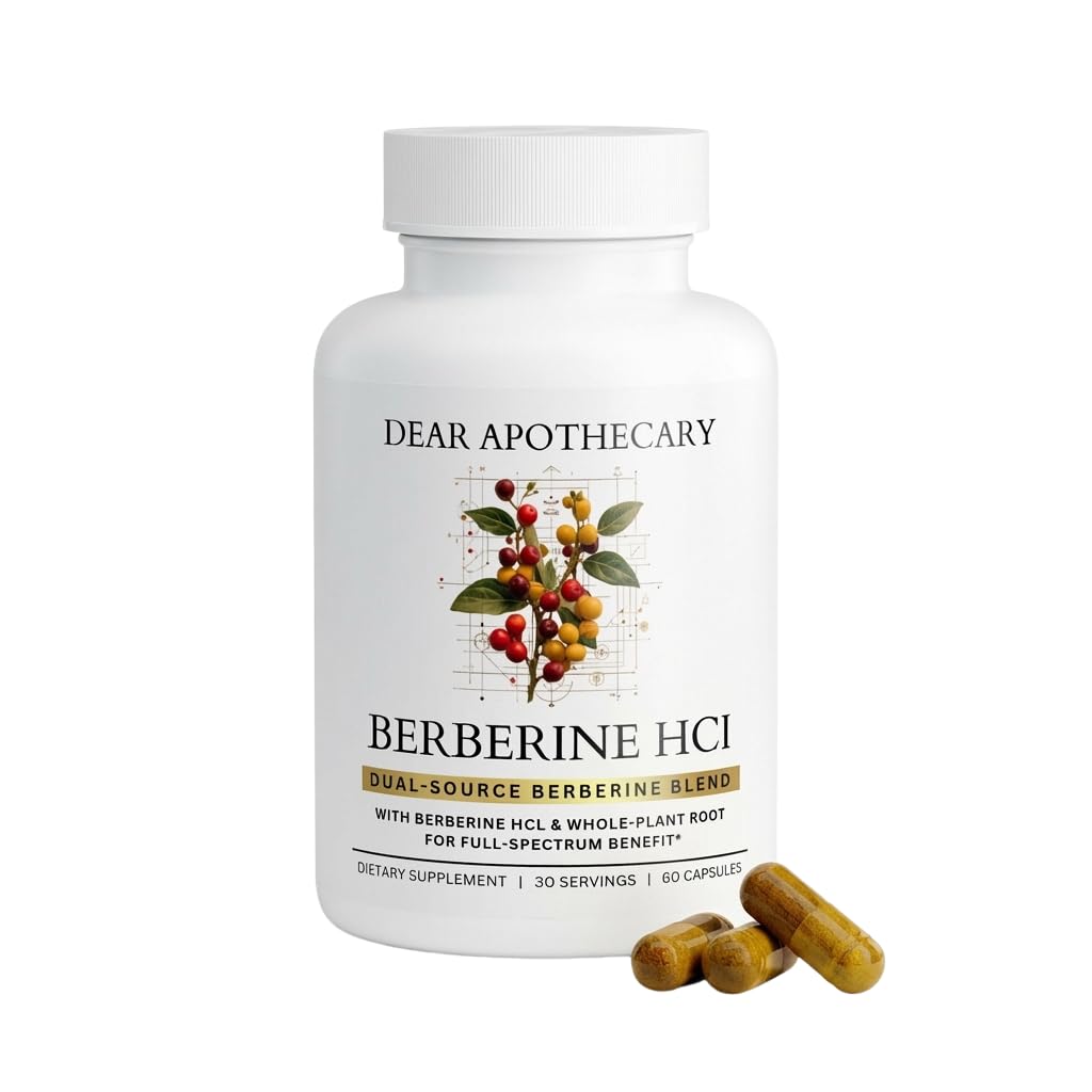 Dear Apothecary Berberine HCl 1200mg Supplement - Dual Source Bark & Root Extract - Berberis Aristata - USA Grown Botanical Extract
