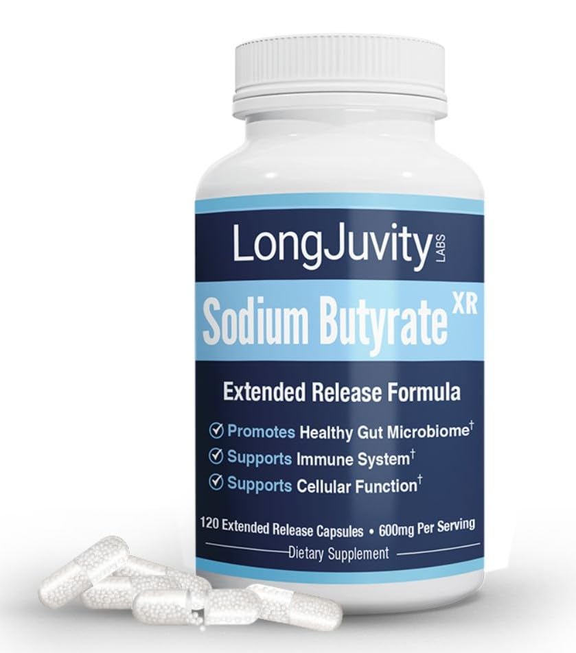 LongJuvity Sodium Butyrate Supplement (300mg) - Optimal Gut Health for Men & Women - Digestion Support & Leaky Gut Repair - Postbiotic Short Chain Fatty Acid, Lab Tested (120 Extended Release Caps) LongJuvity Labs Au supplements
