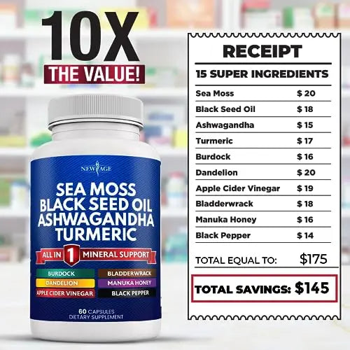 Silica Sea Moss 3000mg Black Seed Oil 2000mg Ashwagandha 1000mg Turmeric 1000mg NEW AGE Au supplements