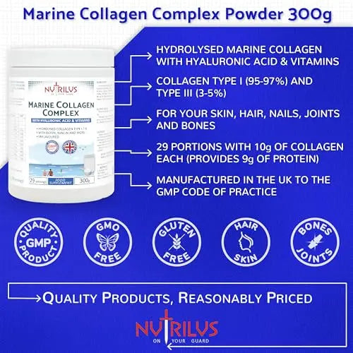 Hydrolysed Marine Collagen Powder 300g with Hyaluronic Acid and Vitamins - 29 Servings Nutrilus Au supplements