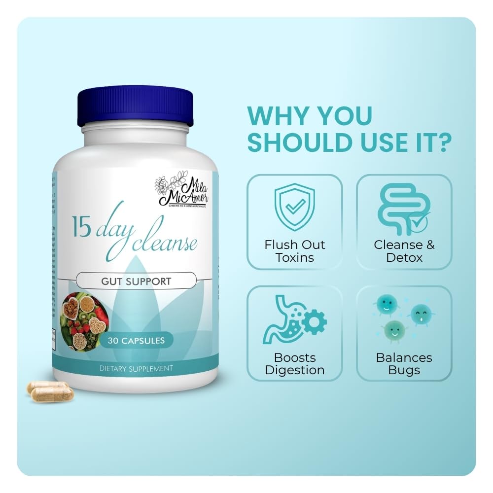 Mila Miamor 15 Day Cleanse - Gut and Colon Support - Advanced Gut Cleanse Detox for Women & Men with Senna, Cascara Sagrada & Psyllium Husk - Non-GMO - Made in USA - 30 Capsules