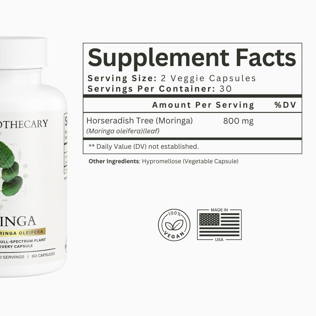 Moringa Oleifera Capsules 800mg - Pure Leaf Powder Superfood with Antioxidants Vitamins Minerals Amino Acids - Energy Immune Support Green Supplement for Men Women