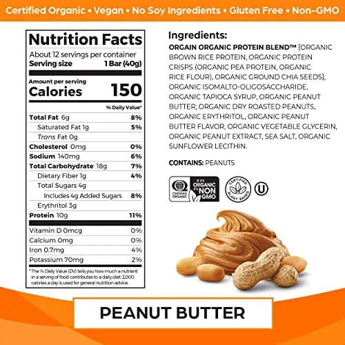Orgain Organic Vegan Protein Bars, Peanut Butter - 10g Plant Based Protein Orgain Au supplements