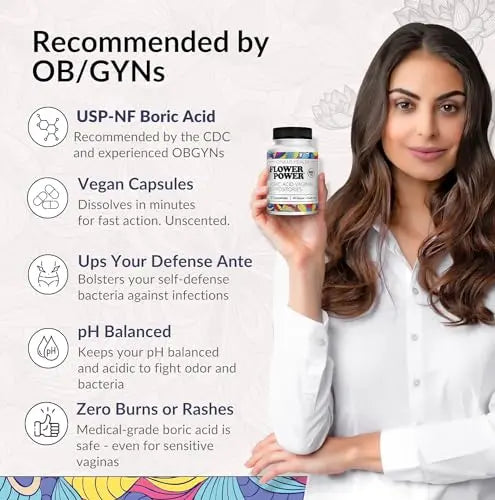 Flower Power Vegan Boric Acid Suppositories - 30 Capsules - 600mg for Vaginal Odor and pH Balance Flower Power Au supplements