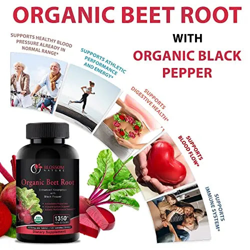 Organic Beet Root Powder 1350mg with Black Pepper-Nitric Oxide Booster, Digestive System Blossom Nature Au supplements