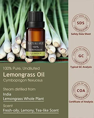 NATURE HUE Lemongrass Essential Oil - 10 mL (1/3 oz) - Pure, Natural, Therapeutic Grade NATURE HUE Au supplements