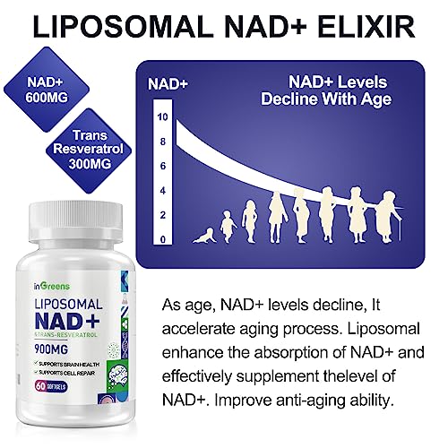 inGreens 900mg Liposomal NAD+ Supplement with 300mg Trans Resveratrol - Superior Absorption, Replaces NMN, Boost NAD+ for DNA Repair, Energy & Longevity, Aging Defense, 60 Softgels inGreens Au supplements