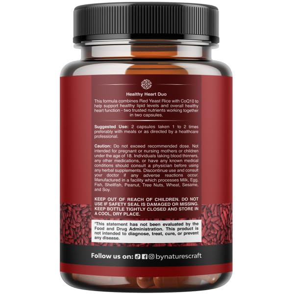 Natures Craft Red Yeast Rice with CoQ10 Supplement - Advanced Healthy Heart & Healthy Cholesterol Levels Formula for Men & Women - Red Yeast Rice Capsules with 1200 mg