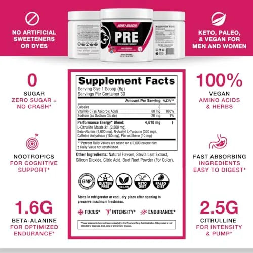 Honey Badger Pre Workout Powder, Keto Vegan Preworkout for Men & Women with Vitamin C Honey Badger Au supplements