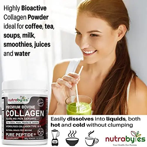 Pure Hydrolysed Collagen Powder 10000mg Bovine Type 1 & 3 Unflavoured|High Strength Protein Peptides for Women & Men NUTRABYTES Au supplements