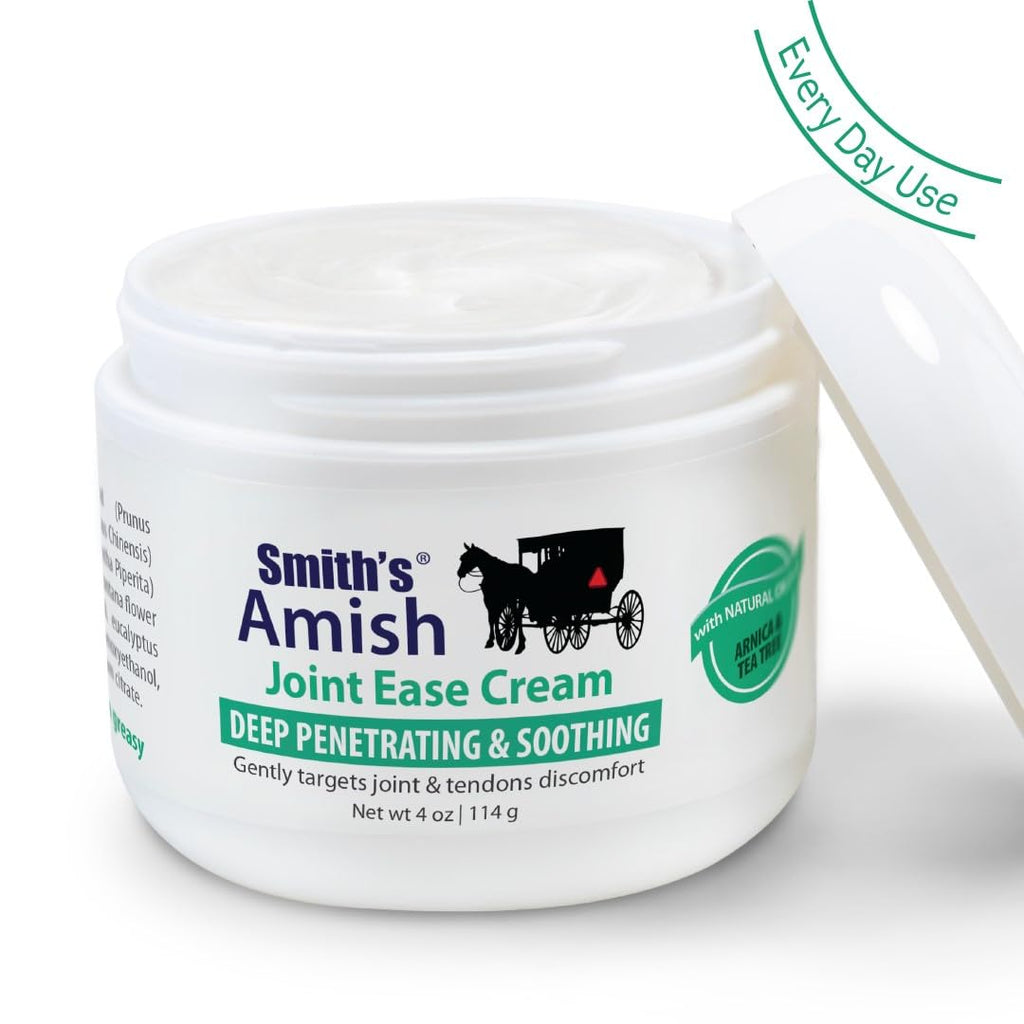 Smith’s Amish Joint Ease Cream 4 oz jar. Soothing and Cooling, with Botanicals of Arnica, Peppermint, Tea Tree, Rosemary and Eucalyptus Smith Amish Au supplements
